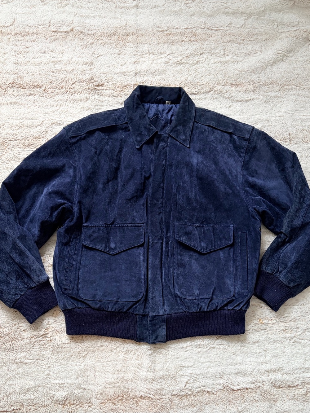Vintage Navy 100% Leather Suede Bomber Jacket Oversized Aviator Y2K Fall Winter